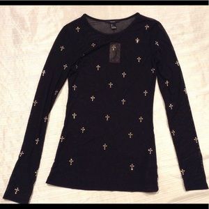 Gold Studded Crosses Black Mesh Long Sleeve Top